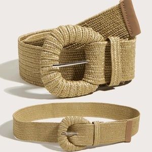 Tan woven straw buckle belt